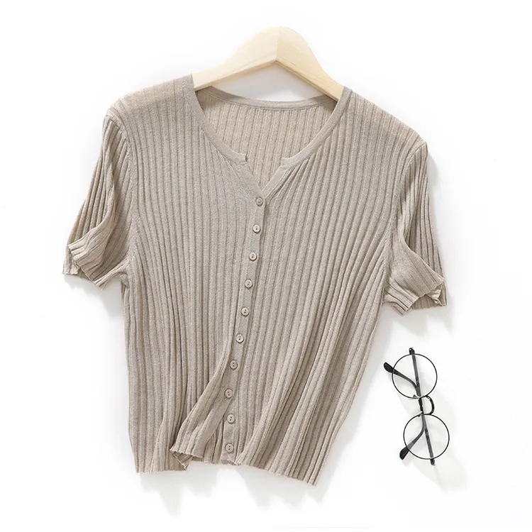 夏季天丝针织薄款短袖开衫女短款v领针织衫显瘦外搭显瘦短款上衣