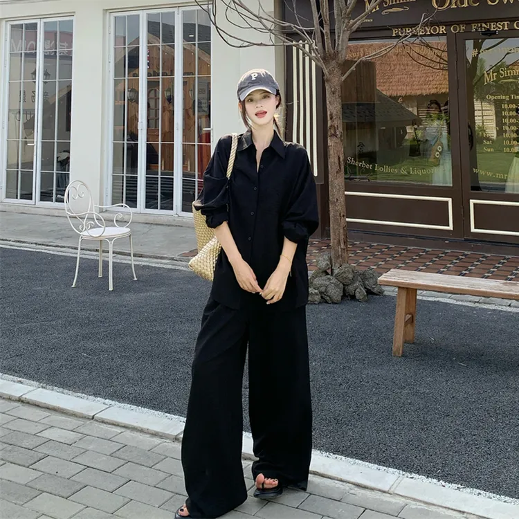 黑色慵懒风休闲时尚显瘦套装法式衬衫女开衫高腰亚麻阔腿裤长裤子