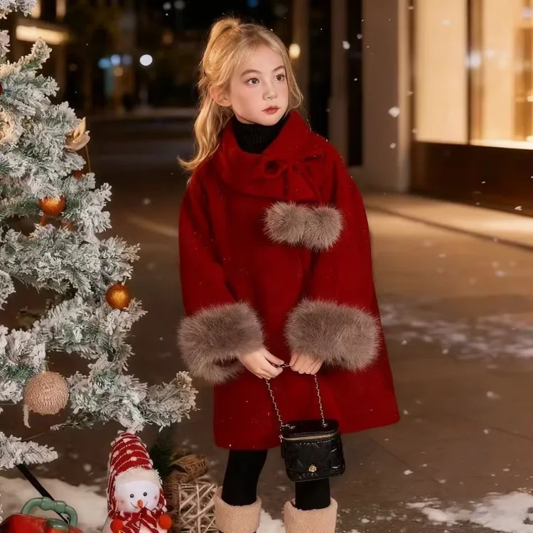 女童加绒呢大衣冬季新款红色洋气中国风女宝宝加厚拜年服毛呢外套