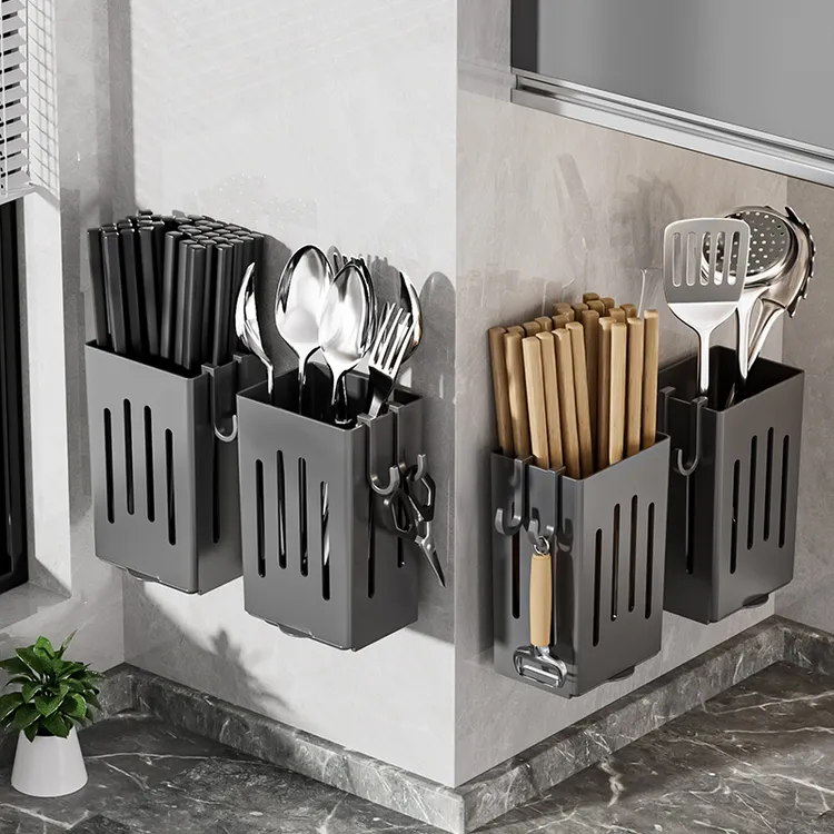 腾舟厨房枪灰筷子收纳盒家用勺子筷子筒筷子篓置物架壁挂式筷子筒