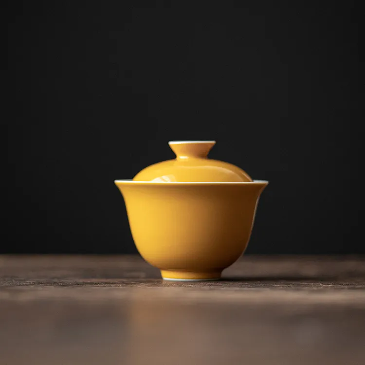 隐竹设计文人茶器防烫泡茶碗手工复古陶瓷中式黄色纯色小盖碗色釉