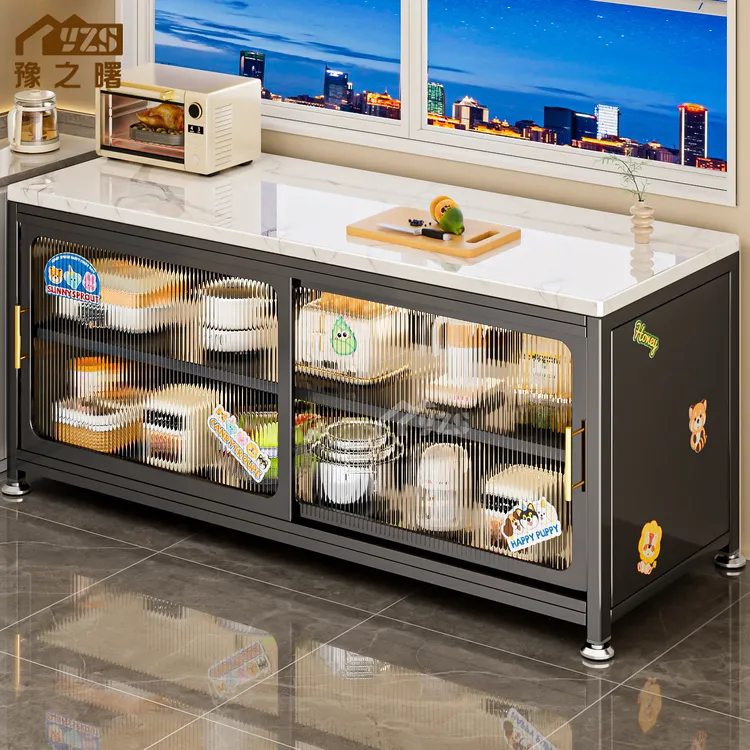 岩板推拉门厨房置物柜切菜桌操作台多功能收纳储物柜平移门餐边柜