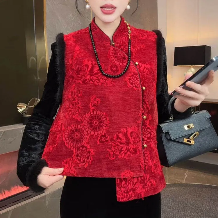 新中式国风冬季红色拜年服加厚棉马甲女装高级感气质百搭马夹背心