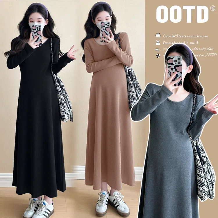 【百搭】2025春秋新款孕妇秋季减龄显瘦高级感打底孕妇连衣裙长裙