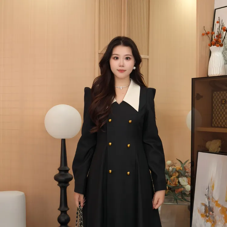 【胖梨梨大码定制】秋季高级气质温柔高知长袖黑色风衣ZL112350