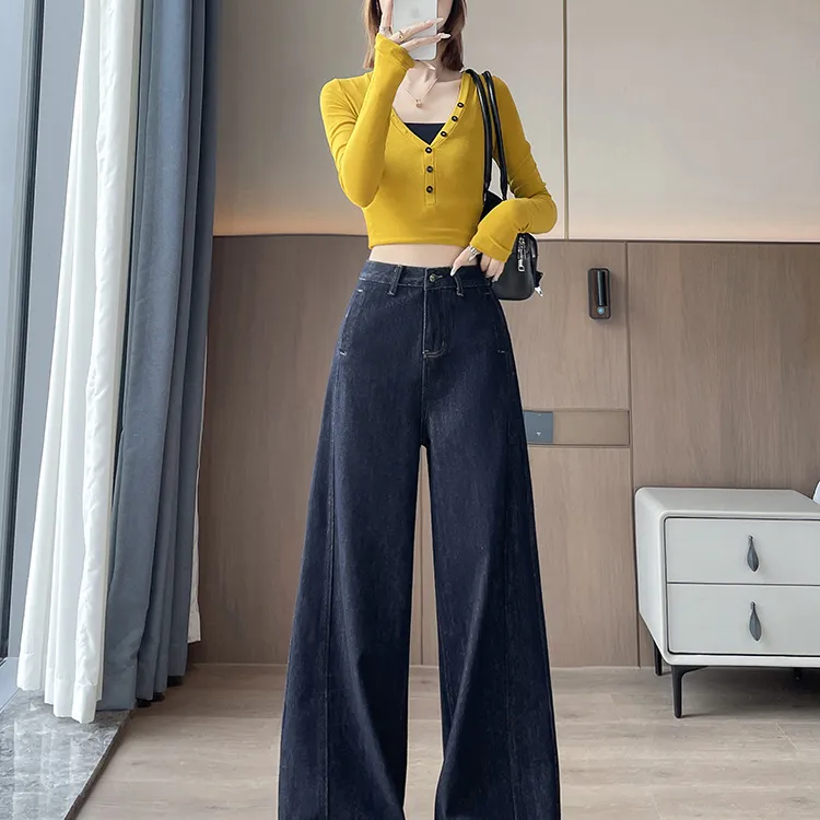 拉夏贝尔复古阔腿牛仔裤女2025秋季新款宽松慵懒风时尚直筒弯刀裤