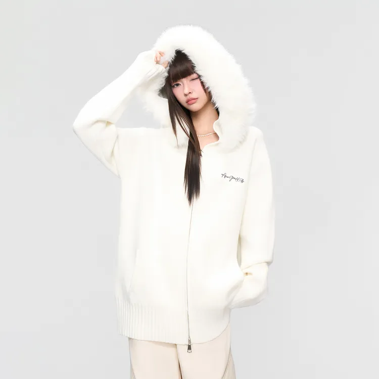 AFGK25FW慵懒风连帽毛领针织衫女春秋休闲百搭毛衣开衫宽松外套