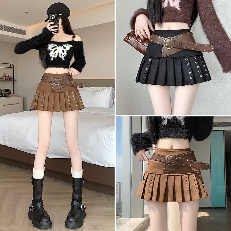 2025秋冬新款鹿皮绒百褶半身裙高腰显瘦A字超短裙小个子防走光女