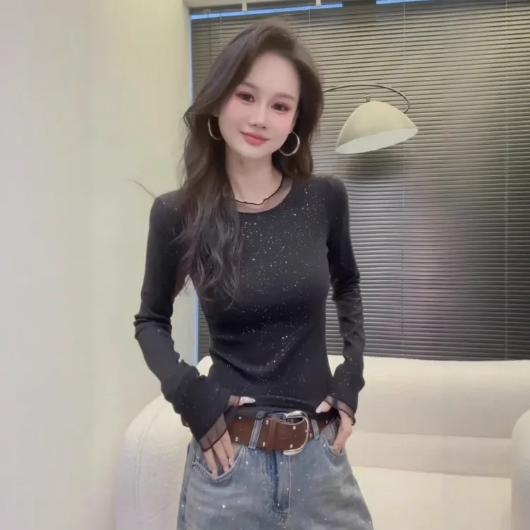 大码韩系圆领网纱徳绒打底衫女秋冬内搭微胖修身设计感亮片上衣