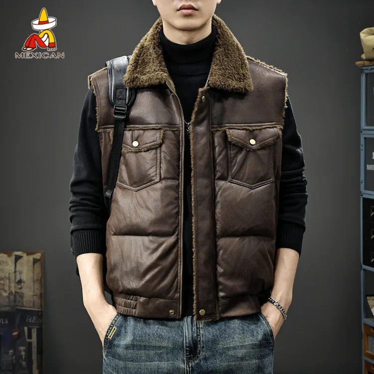 Mexican/稻草人冬季加厚保暖皮马甲男款美式潮牌男士外穿马夹外套