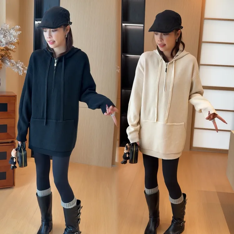 二姐的宝藏秋冬简约气质慵懒风大口袋连帽拉链纯色针织衫#25440