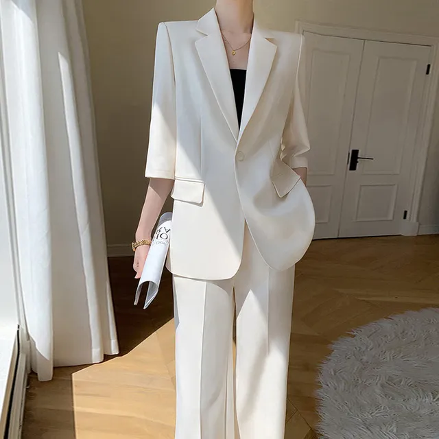 大码西装套装夏季新款微胖mm时尚干练气质职业休闲阔腿裤两件套