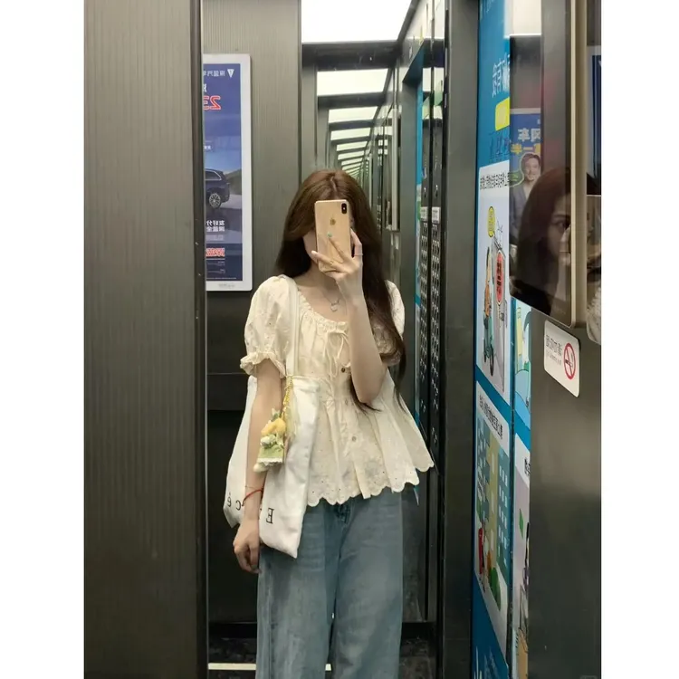 2025夏季新款韩系收腰显瘦雪纺衫上衣女百搭牛仔裤两件套装设计感