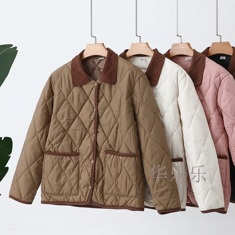冬季菱格棉服女保暖小香风撞色衬衫领棉衣翻领拼接加厚夹棉外套