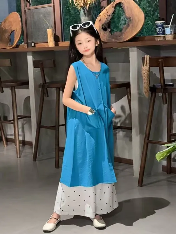 女童夏季超好看套装2025年新款女孩大童韩系叠穿两件套背心裙子