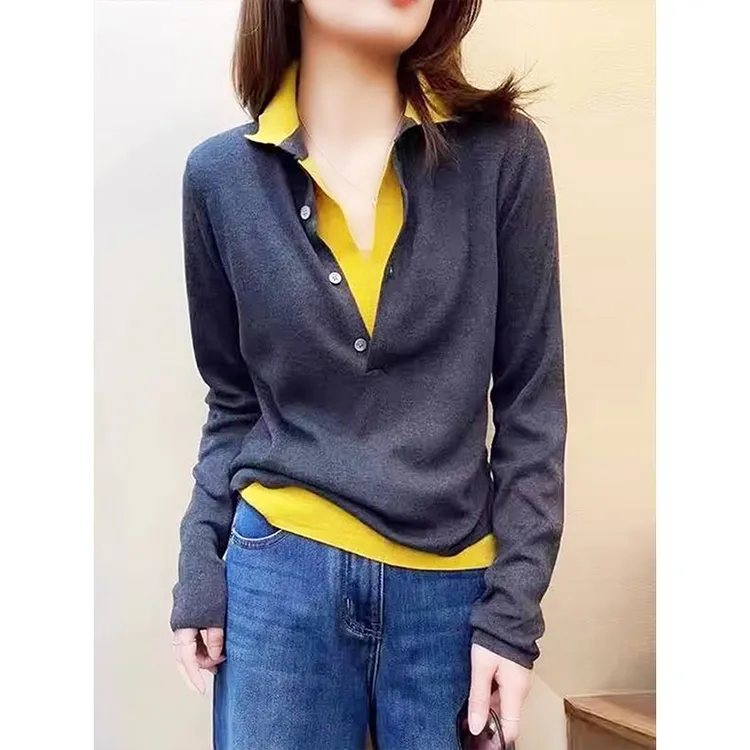 大码小众设计感撞色假两件翻领针织衫女秋季新款胖mm宽松百搭上衣