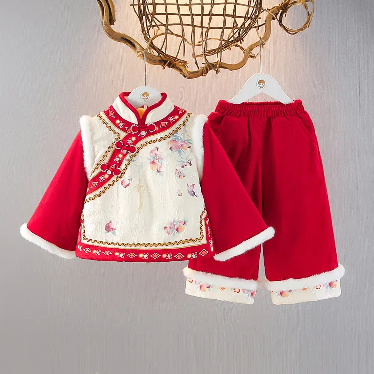 女童加绒汉服冬装套装过年唐装儿童喜庆国风古装新中式保暖拜年服