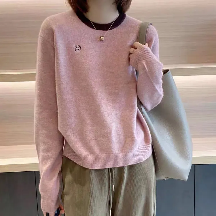 春秋新款小薯条圆领羊毛衫女拼色宽松时尚韩系学院风减龄毛衣上衣