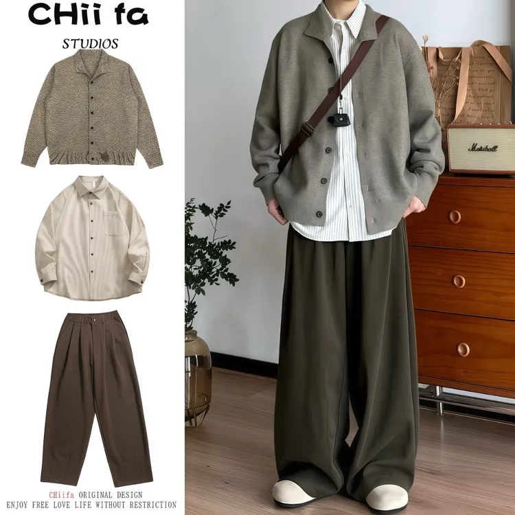 C三件装/单件秋冬日系老钱风翻领针织开衫毛衣男百搭宽松休闲外套