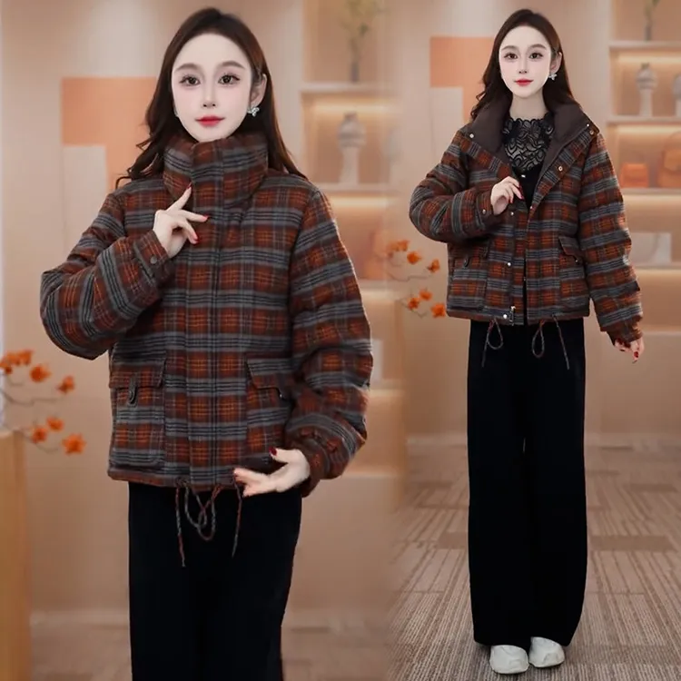 时尚立领格子棉服女2025冬季新款宽松显瘦棉袄加厚保暖棉衣短外套