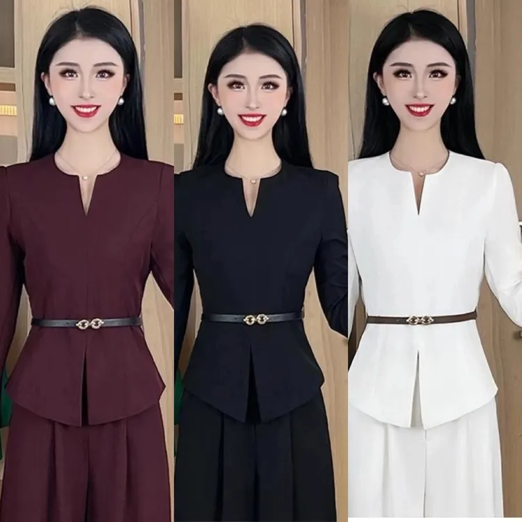 女款春季阔腿裤套装新款款洋气显瘦法式收腰V领上衣裤子两件套