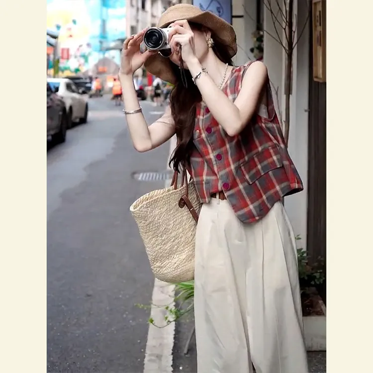 夏装搭配一整套小个子显高时尚设计感盐系炸街格子上衣阔腿裤套装