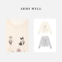 ARMS WELL王囡囡 白/灰色绵羊毛桑蚕丝可爱图案薄款长袖T恤 S210