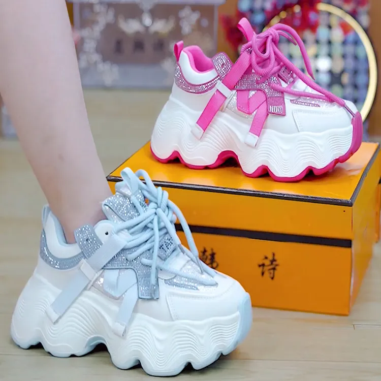  7cm小个子水钻厚底老爹鞋女2025秋系带百搭增高休闲鞋