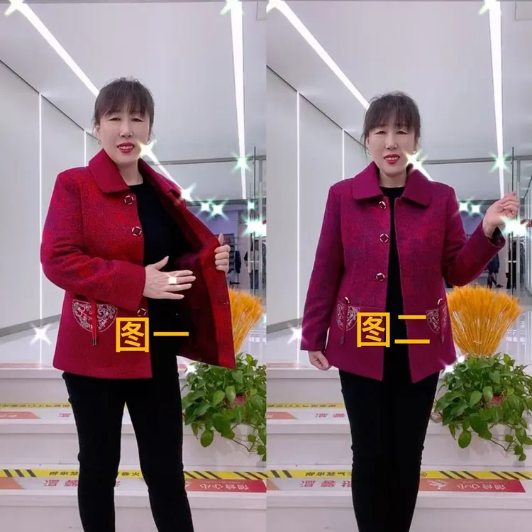 中老年妈妈春秋季时尚宽松翻领长袖加绒外套