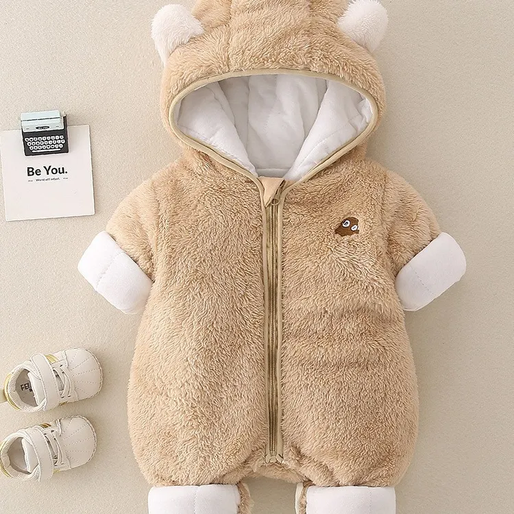 严选婴儿秋冬季连体衣双面绒保暖棉衣棉服宝宝衣服连帽外出服爬服