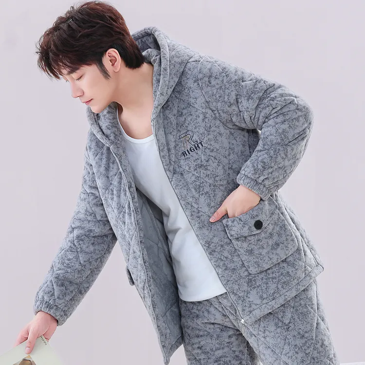 睡衣男士冬季2025新款三层夹棉加厚加绒珊瑚保暖法兰绒家居服套装