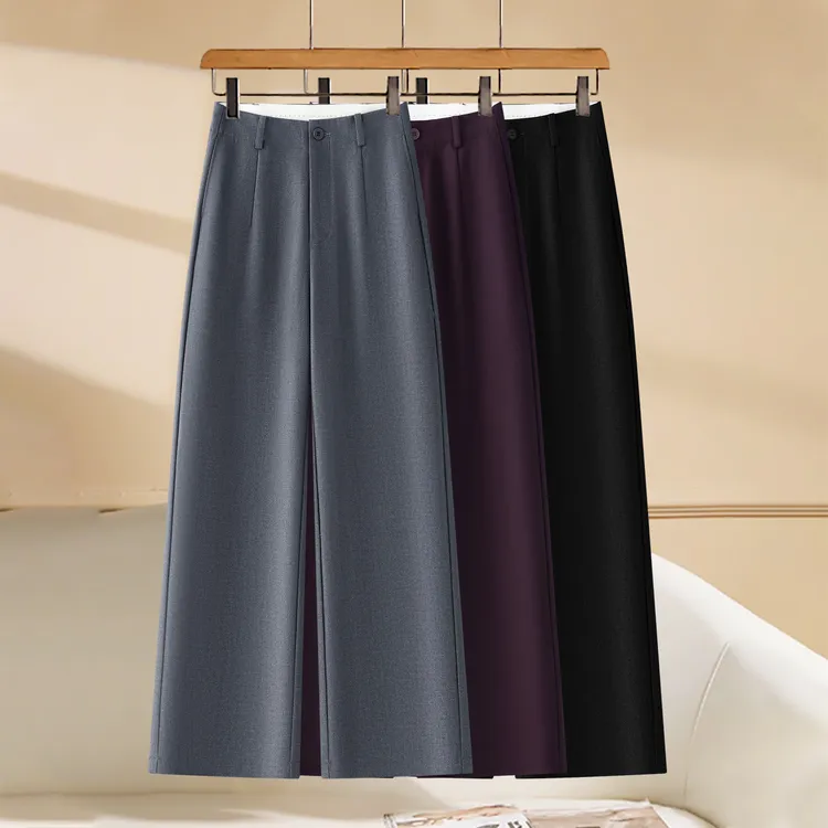高级灰天丝羊毛西装阔腿裤女2025春秋季新款宽松垂感休闲直筒裤子