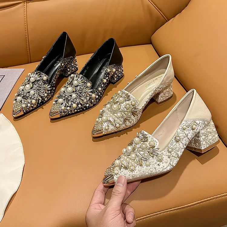 雪莲花水钻粗跟单鞋浅口新款尖头高跟舒适单鞋女