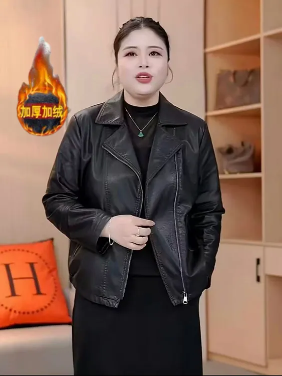 JUNJIE胖mm韩版百搭夹克宽松外套显瘦西装领水洗软皮皮衣