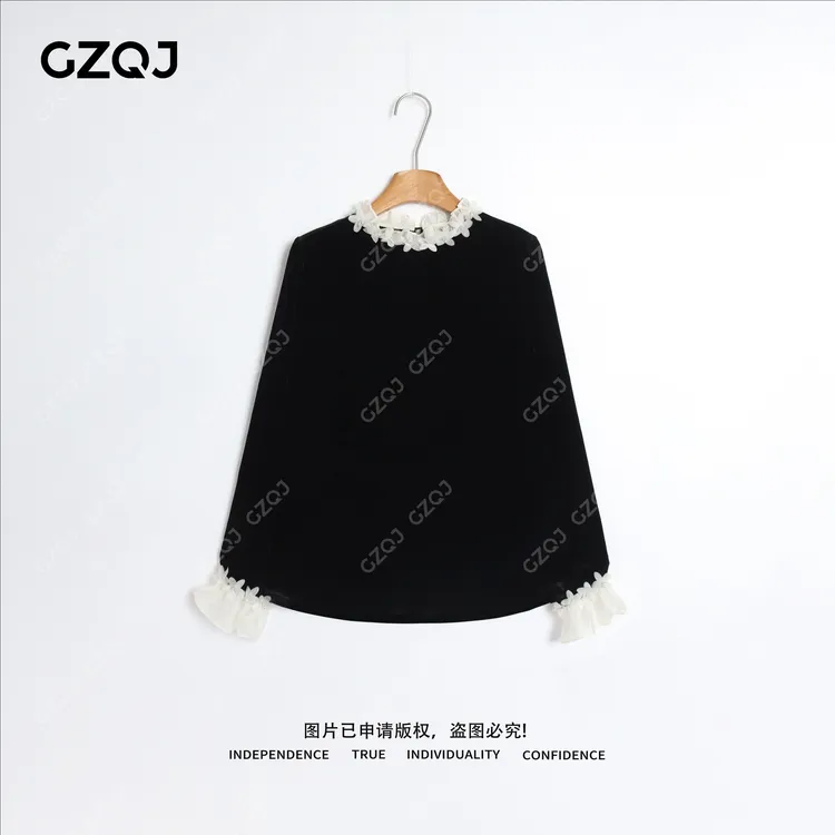 老琴私服【丝绒谧语】100真丝丝绒蕾丝拼接内搭长袖衬衫春秋冬14686