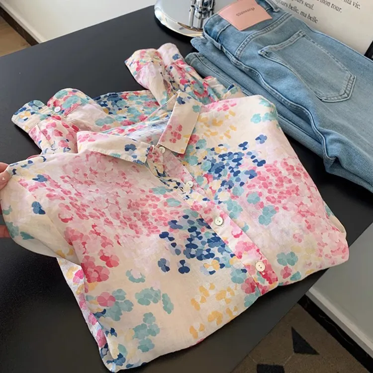 【可宝高端自营】春气质小众碎花衬衫宽松薄款女上衣长袖衬衣-4859