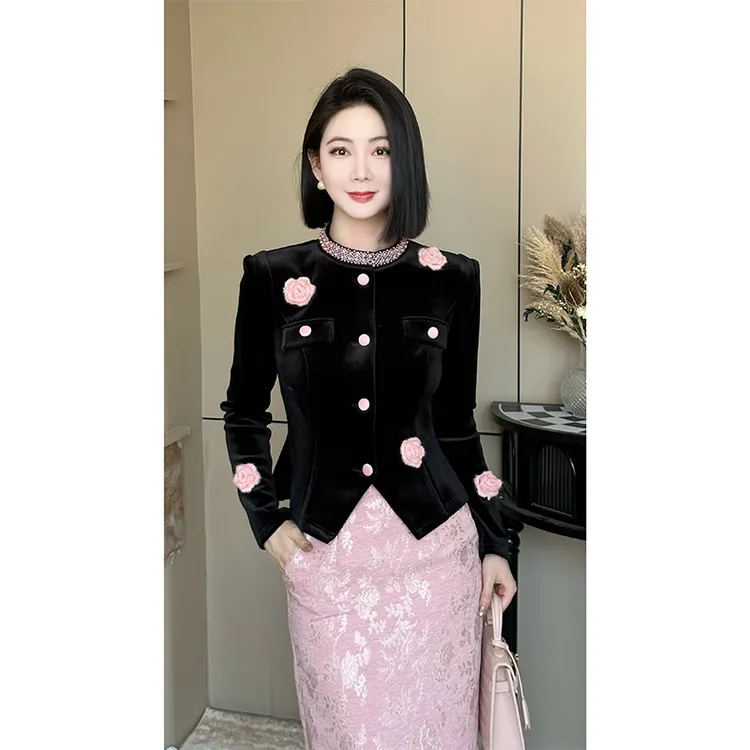 格娜新款冬季炸街一整套女装国风设计时尚小花上衣小众典雅裙套装