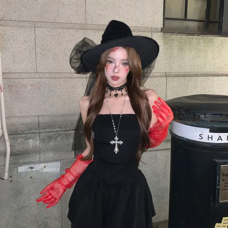 禁忌女巫 万圣节cos暗黑巫师魔女黑纱蝴蝶飘带穿搭装扮帽子头饰