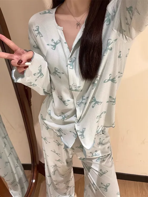 【趣味蝴蝶结】2025新款ins可爱卡通睡衣女春秋套装长袖显瘦家居服