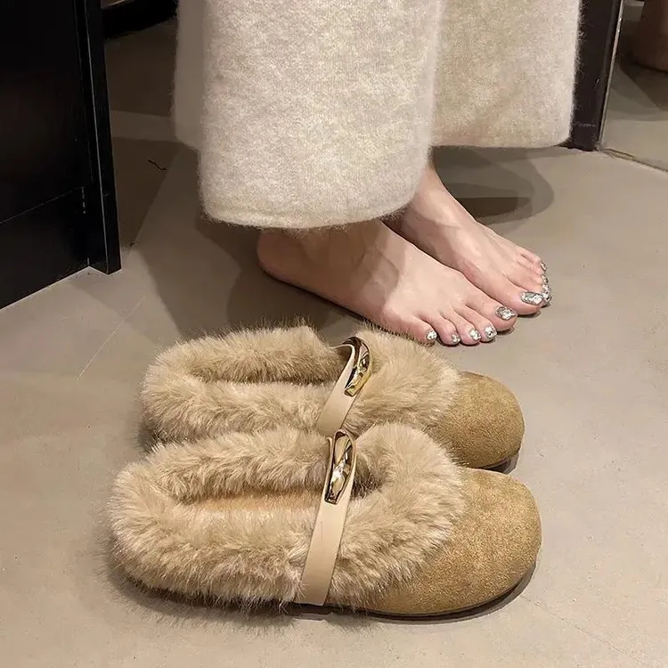 2025秋冬季新款玛丽珍包头半拖毛毛鞋小香风加绒毛毛棉拖鞋女外穿