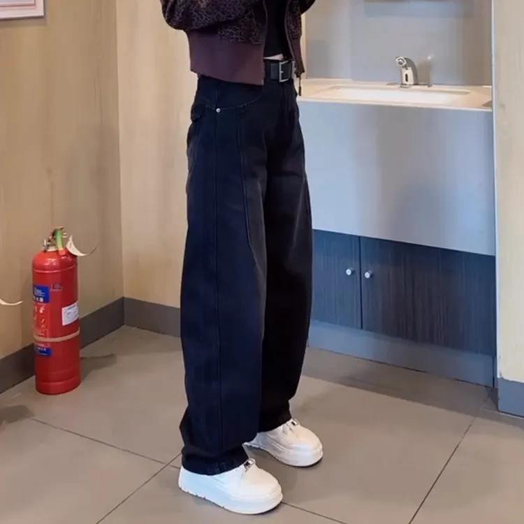 黑灰色百搭弯刀牛仔裤女春秋季新款大码胖mm高腰宽松显瘦阔腿裤子