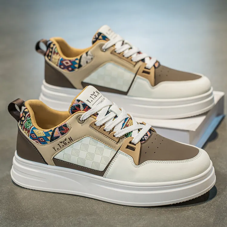 2025夏季透气新款小白鞋皮面潮流韩版休闲板鞋厚底男鞋黑白鞋子