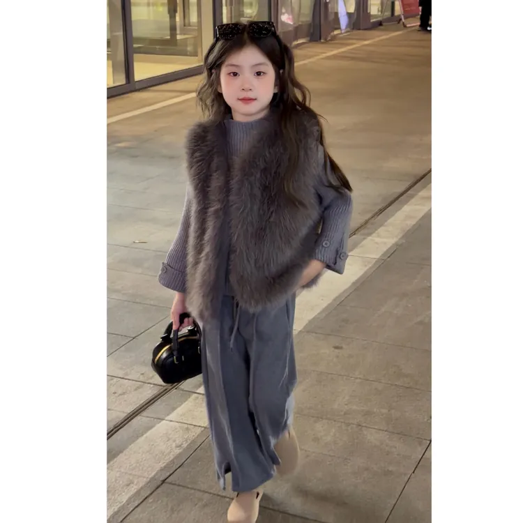 2025秋冬女宝宝洋气套装女童加厚气质套装毛毛马甲3件套韩版冬款