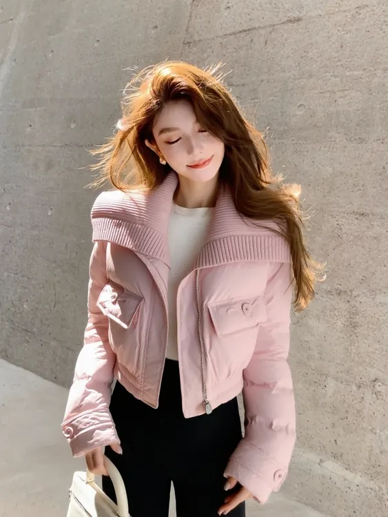 巨好看的百搭外套2025新款洋气独特别致小香风气质粉色翻领棉服冬