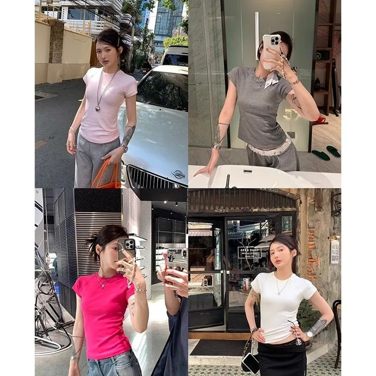 美式辣妹紧身正肩短袖T恤女夏季基础款简约修身收腰百搭短款上衣