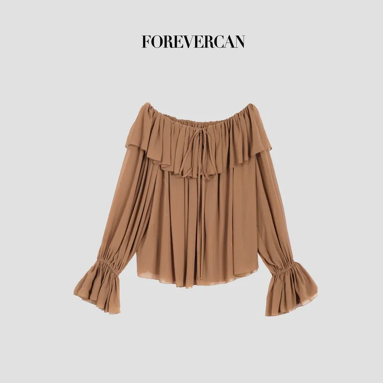FOREVERCAN“松茶可可”法式荷叶边一字领挂脖喇叭袖衬衫ST23296