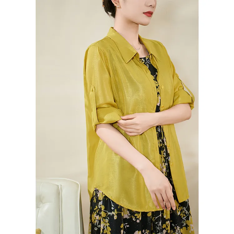 2025夏季新款时尚复古薄宽松气质黄色衬衫#XWT18275