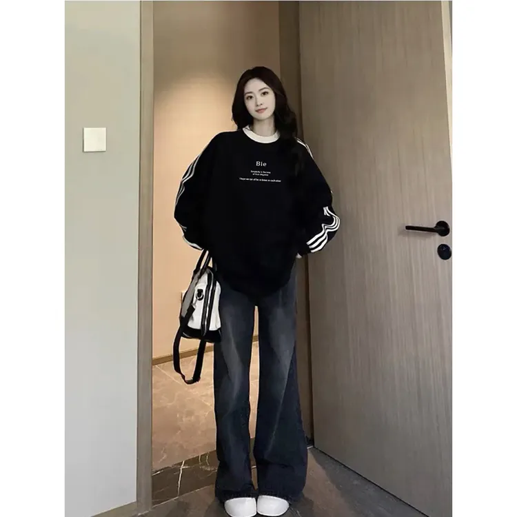 美式复古三条杠圆领卫衣女秋冬新款加绒加厚宽松大码无帽套头上衣