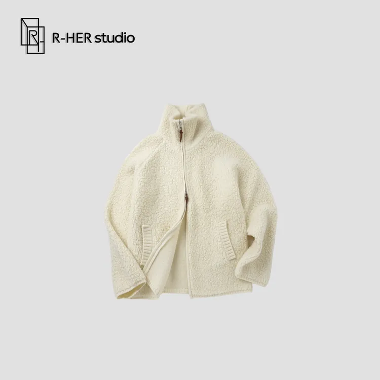 R-HER“奶白软绒”秋冬休闲百搭绵羊毛立领加厚宽松毛呢外套W775L