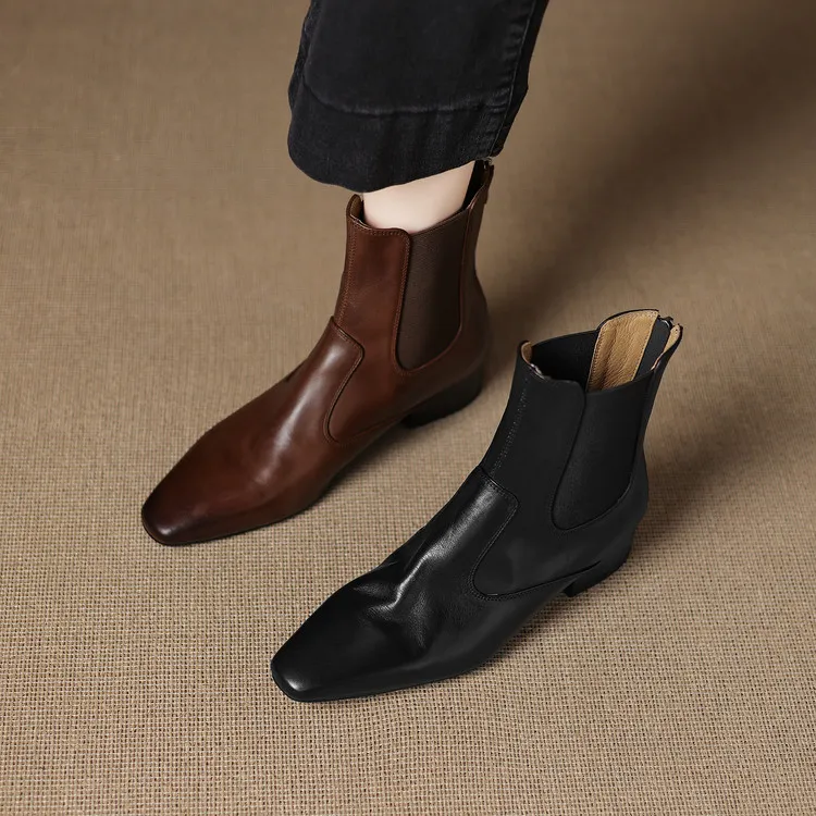 头层牛皮3.5cm～复古弹力方头粗跟短靴女百搭气质切尔西靴短筒棕色